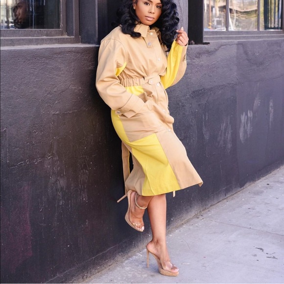 NWT Super Chic trench coat khaki w/yellow SZ L - Picture 9 of 9